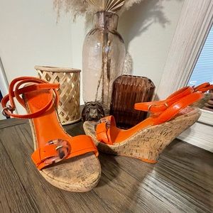 Orange wedge heels